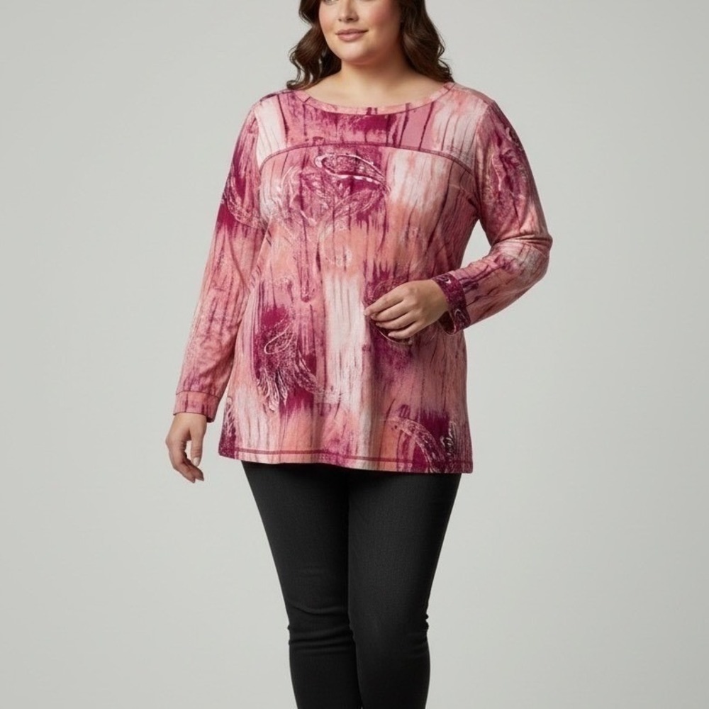 Diane Gilman Plus Size 1X Long Sleeve Tunic Top Pink Tie Dye Paisley Print
